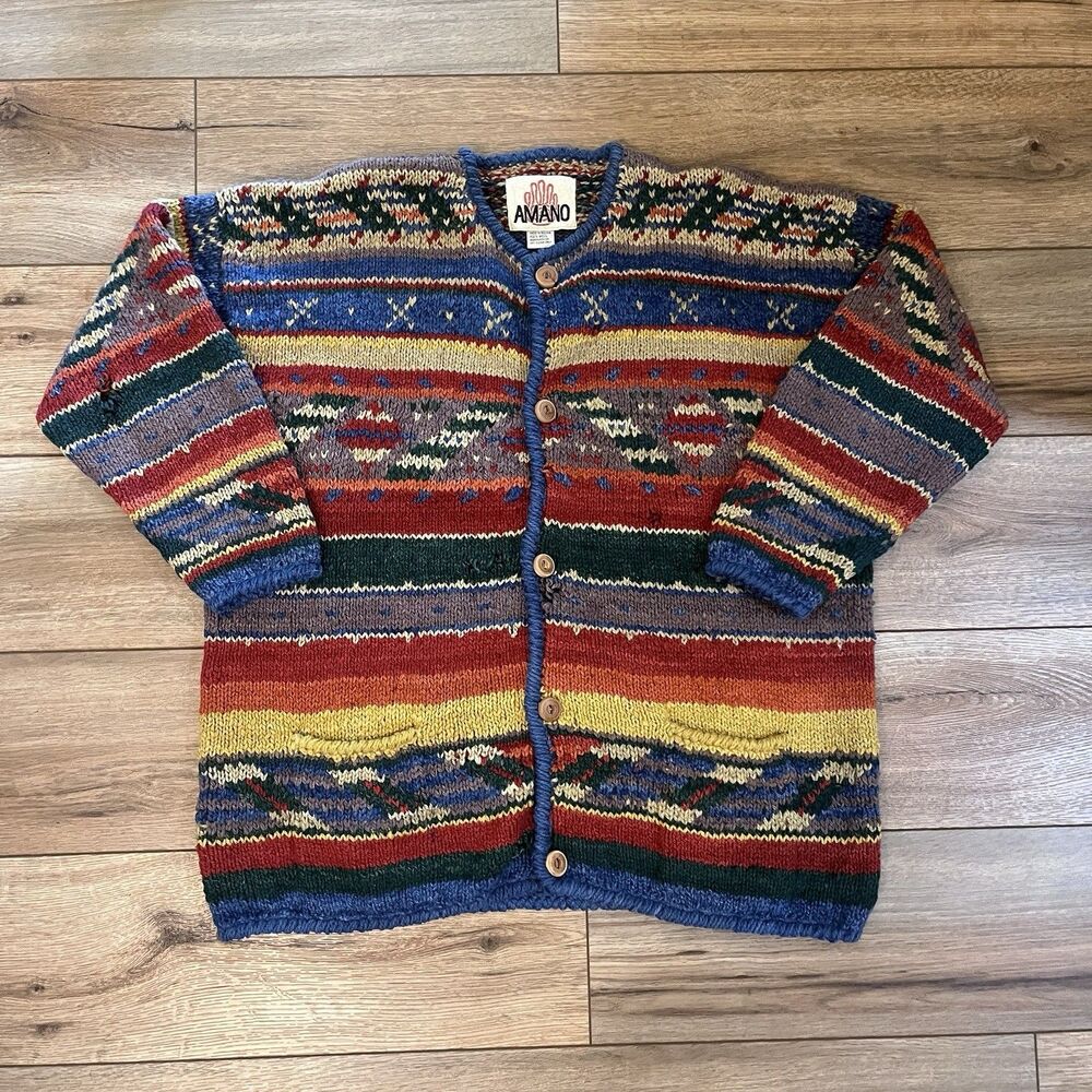 Vintage Amano 100% Wool Bolivia Hand Knit Cardigan Button Up Sweater Men's L